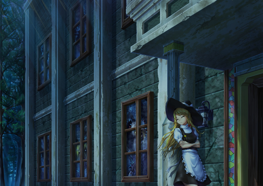 3girls, apron, bangs, black_dress, blonde_hair, blouse, bow, braid