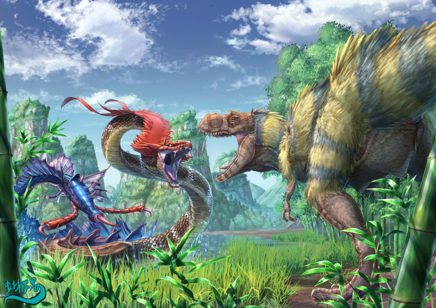 bamboo, blue_sky, clouds, commentary_request, day, dinosaur, dinosaur_request, feathered_dinosaur