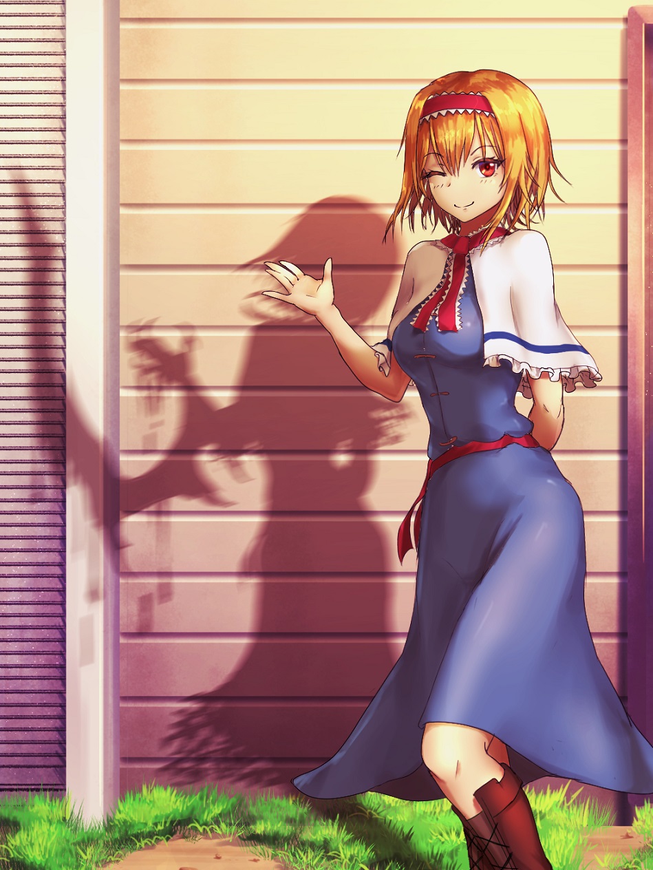 1girl, alice_margatroid, arm_behind_back, bangs, blonde_hair, blue_dress, bois_de_justice, boots