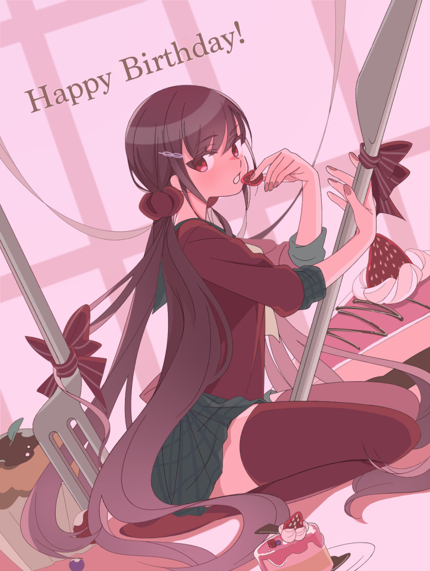 1girl, bangs, bow, brown_hair, cake, cake_slice, candy, chocolate
