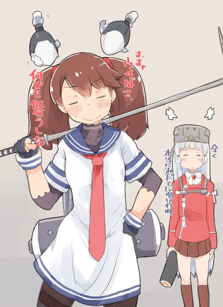 2girls, bangs, black_legwear, blunt_bangs, brown_hair, brown_skirt, closed_eyes, cosplay