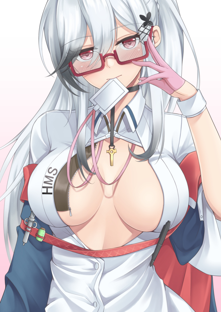 1girl, azur_lane, blush, breasts, butterfly_hair_ornament, center_opening, choker, cleavage_cutout