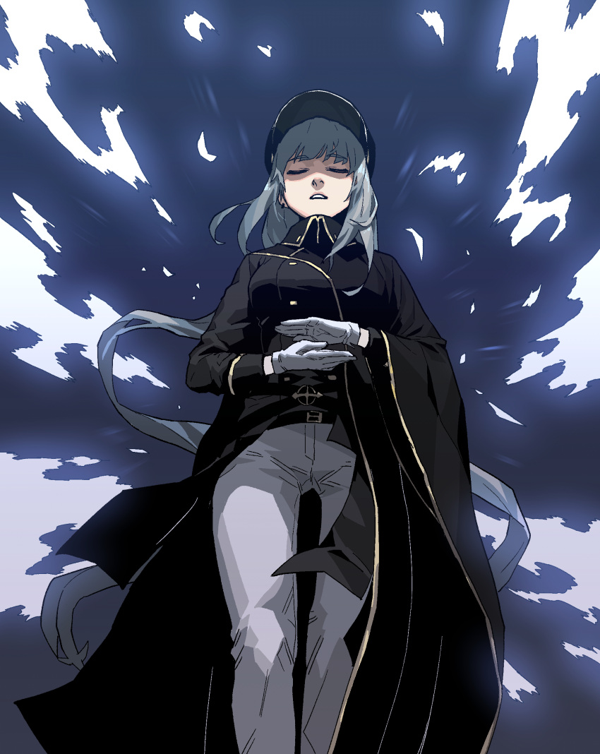 1girl, absurdres, aura, belt, black_belt, black_cloak, black_jacket, cloak
