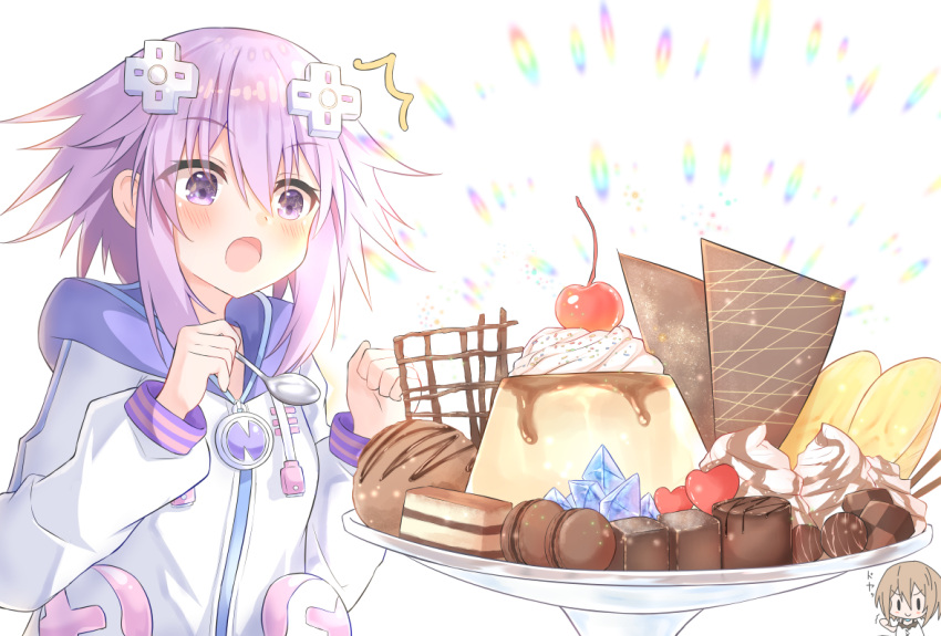 2girls, blanc, blush, breasts, brown_hair, cherry, chibi, choujigen_game_neptune