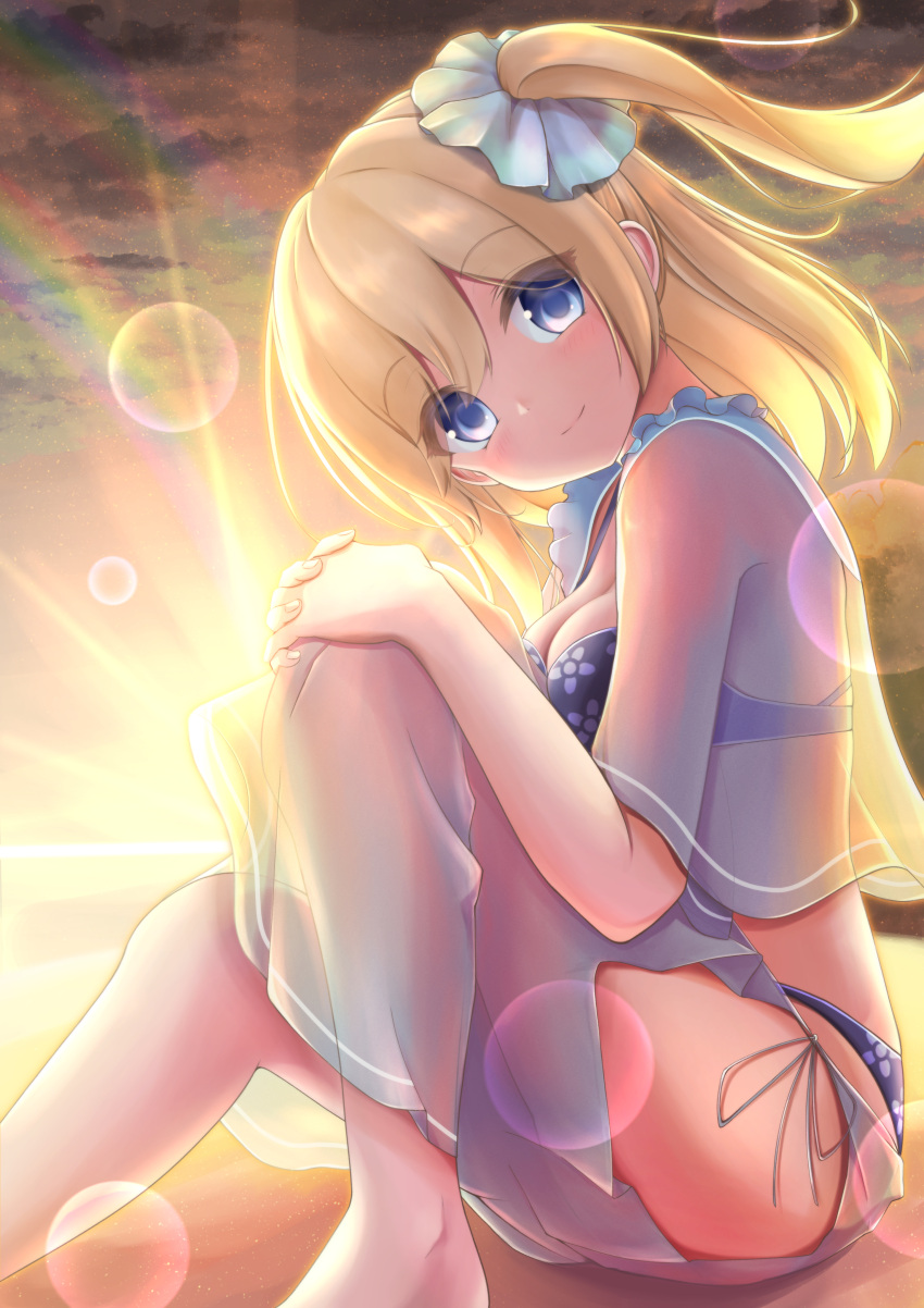 1girl, above_clouds, absurdres, bangs, bare_legs, bare_shoulders, beach, blonde_hair