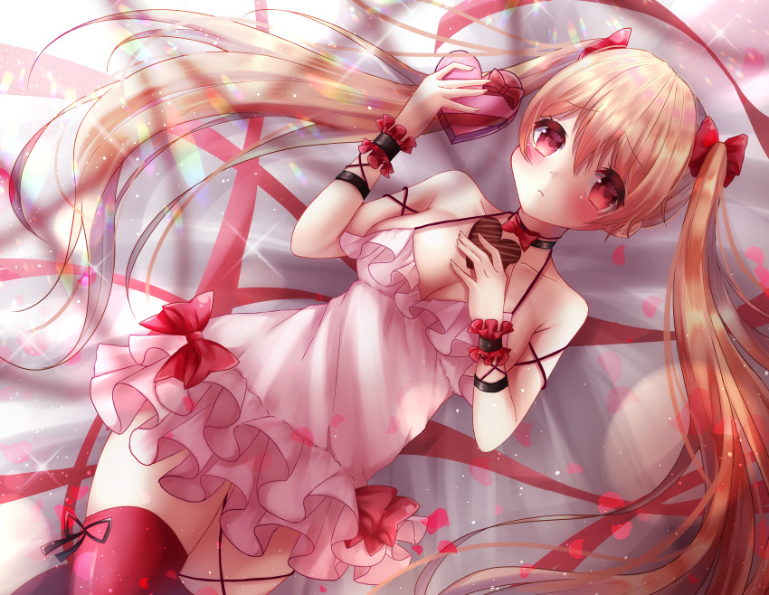 1girl, absurdres, bangs, blonde_hair, blush, bow_choker, box, bracer