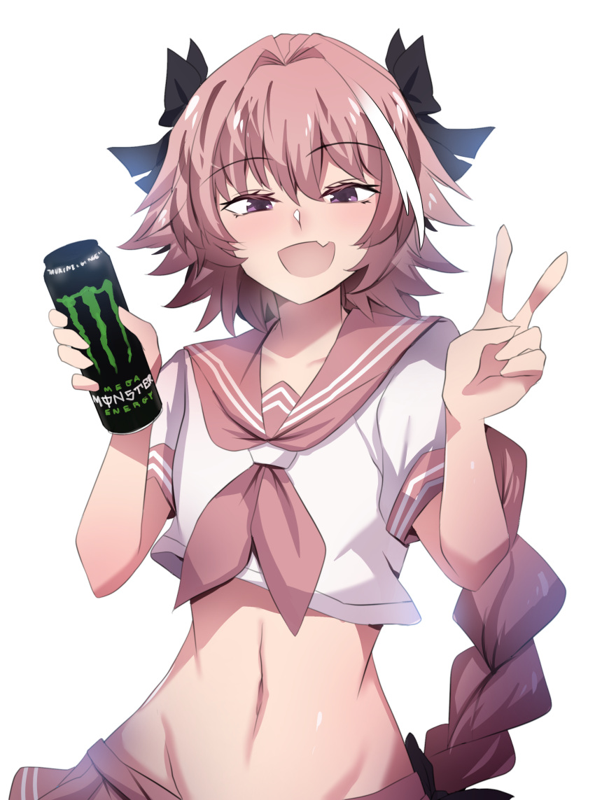1boy, :d, absurdres, astolfo_(fate), astolfo_monster_cosplay_(meme), black_bow, blush, bow, braid, braided_ponytail, can, collarbone, commentary, energy_drink, english_commentary, eyebrows_visible_through_hair, fang, fate/apocrypha, fate/grand_order, fate_(series), groin, hair_between_eyes, hair_bow, hair_intakes, hair_ornament, hair_ribbon, half-closed_eyes, highres, hinghoi, holding, holding_can, long_braid, long_hair, looking_at_viewer, male_focus, meme, merryweather, midriff, monster_energy, multicolored_hair, navel, open_mouth, otoko_no_ko, pink_hair, pink_neckwear, pink_sailor_collar, pink_skirt, ribbon, sailor_collar, school_uniform, serafuku, shirt, short_sleeves, simple_background, single_braid, skin_fang, skirt, smile, solo, streaked_hair, symbol_commentary, upper_body, v, very_long_hair, violet_eyes, white_background, white_shirt