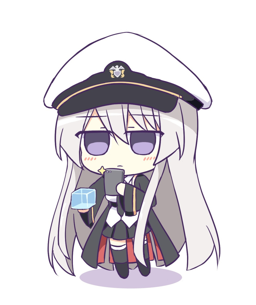 1girl, azur_lane, black_coat, black_neckwear, blouse, cellphone, coat, enterprise_(azur_lane), eyebrows_visible_through_hair, hat, highres, kashimu, long_hair, mental_cube_(azur_lane), miniskirt, necktie, open_clothes, open_coat, peaked_cap, phone, pleated_skirt, silver_hair, simple_background, skirt, smartphone, solo, very_long_hair, violet_eyes, white_background, white_blouse, white_headwear, white_skirt