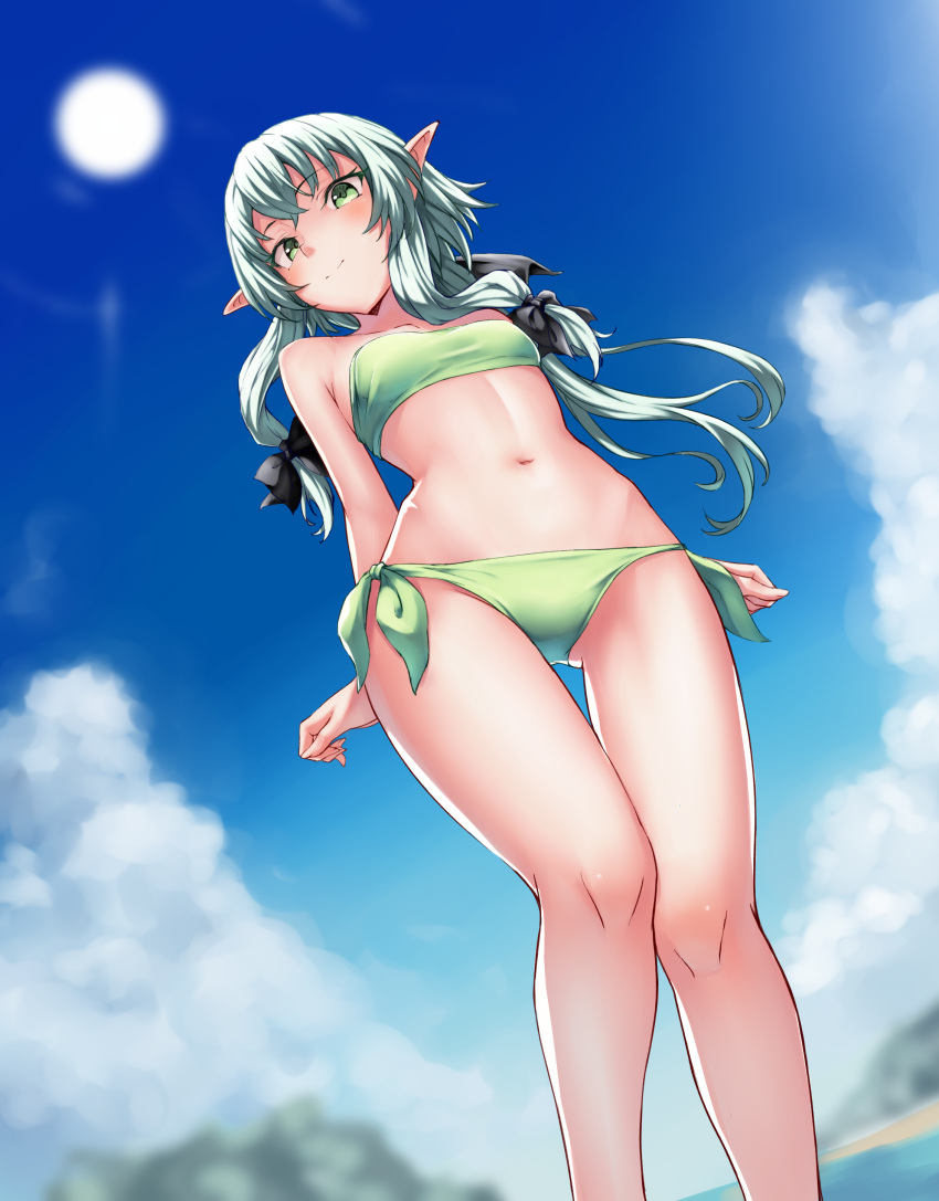 1girl, absurdres, bare_arms, bare_shoulders, bikini, black_bow, blue_sky, bow