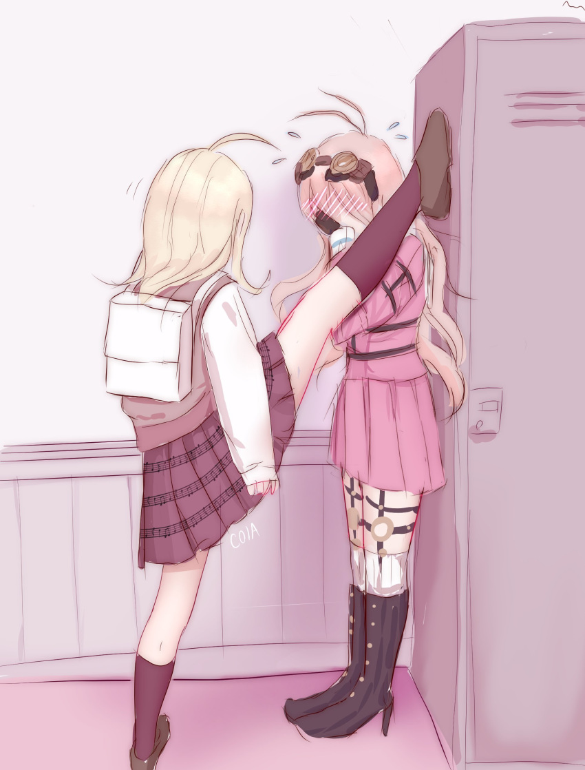 2girls, absurdres, ahoge, akamatsu_kaede, antenna_hair, arms_at_sides, backpack, bag