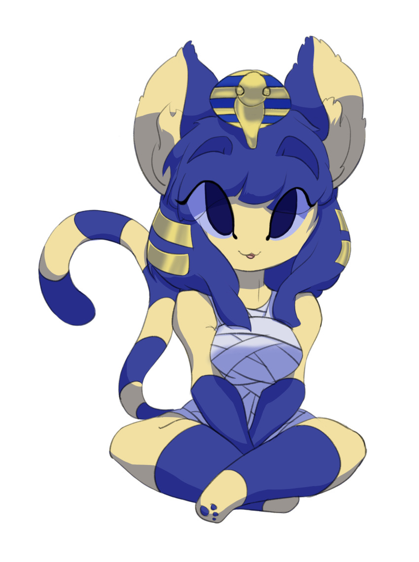 :3, absurdres, animal_crossing, animal_ears, ankha_(animal_crossing), arms_between_legs, bandages, barefoot