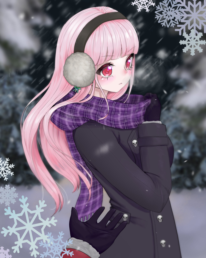 2girls, absurdres, black_coat, blurry, blurry_background, coat, earmuffs, eyebrows_visible_through_hair, gloves, green_ribbon, hands, highres, hololive, hololive_english, mori_calliope, multiple_girls, out_of_frame, pink_hair, purple_scarf, red_coat, red_eyes, ribbon, scarf, skull_ornament, sleeve_cuffs, snowflakes, snowing, takanashi_kiara, takanashi_kiara_(artist), virtual_youtuber