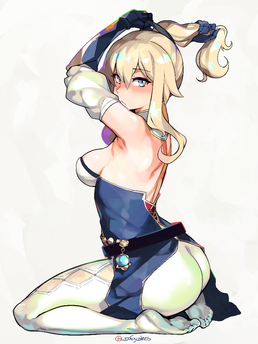 1girl, adjusting_hair, argyle_cutout, ass, back, bare_shoulders, belt, blue_gloves
