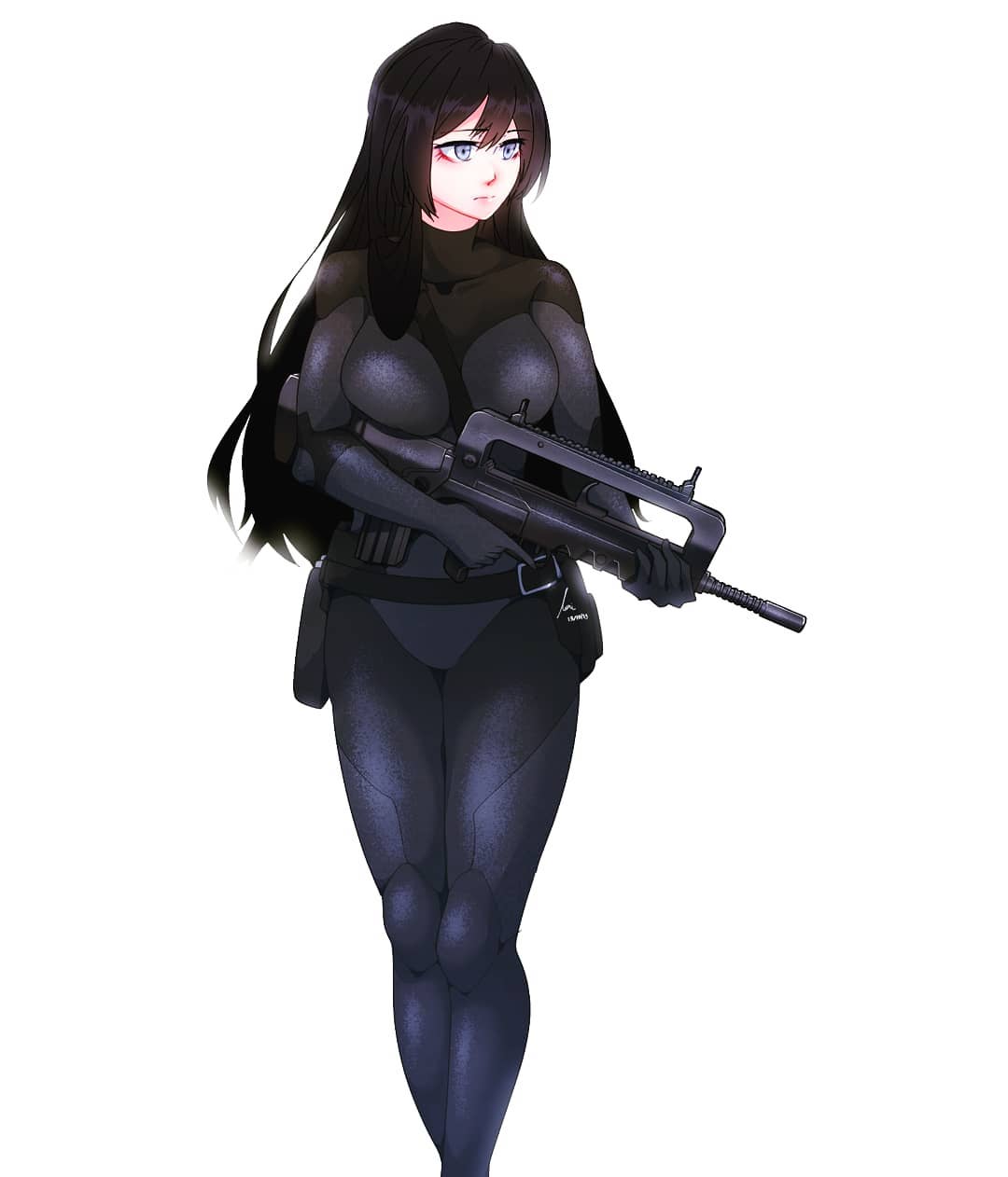 1girl, assault_rifle, bangs, belt, black_belt, black_bodysuit, black_hair, bodysuit