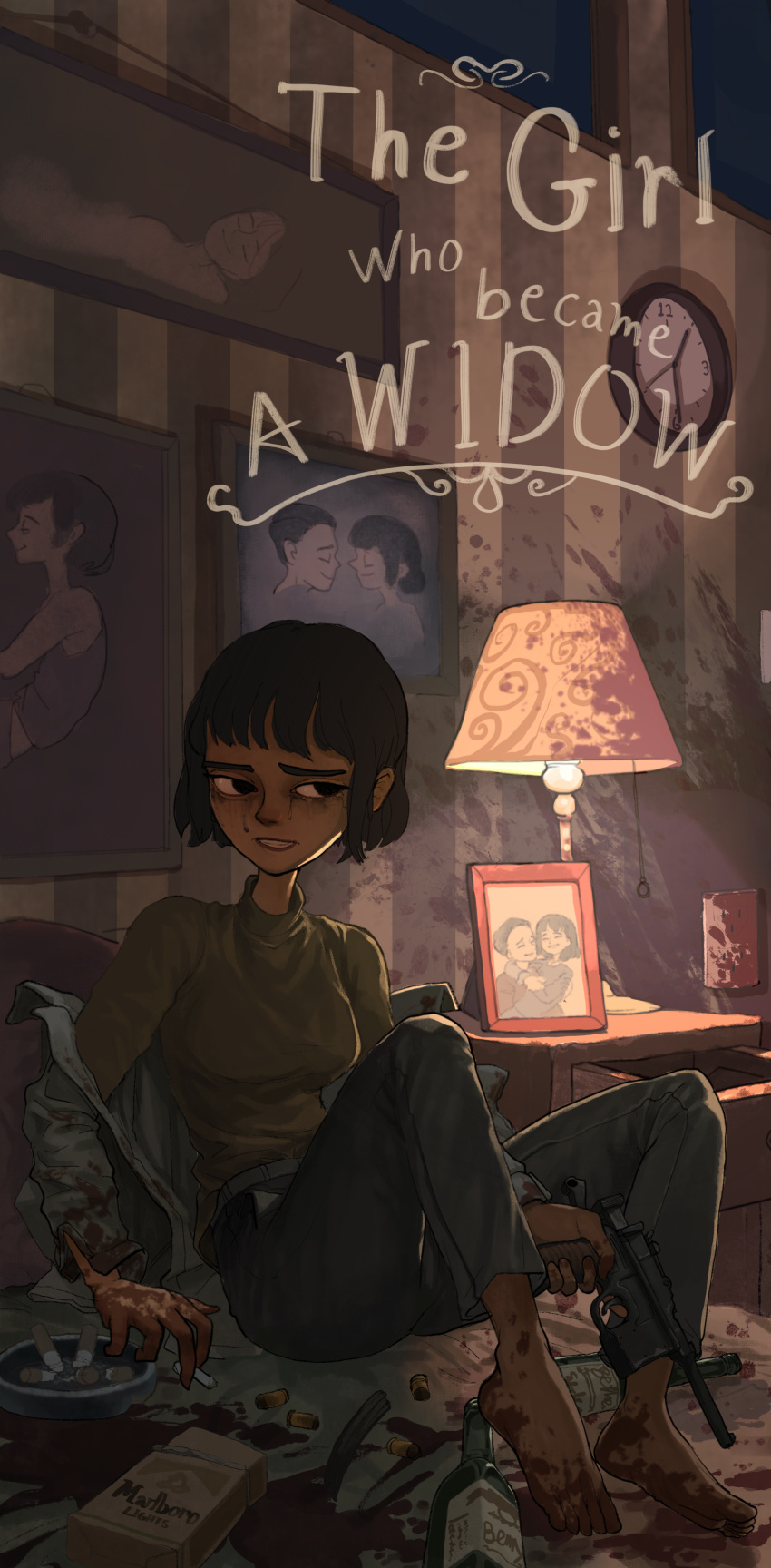 1girl, absurdres, alcohol, ashtray, bangs, barefoot, black_hair, blood