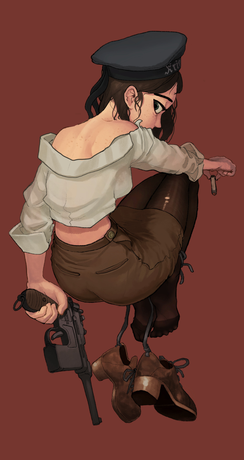 1girl, absurdres, beret, body_freckles, bolt_action, bound_ankles, brown_hair, brown_legwear