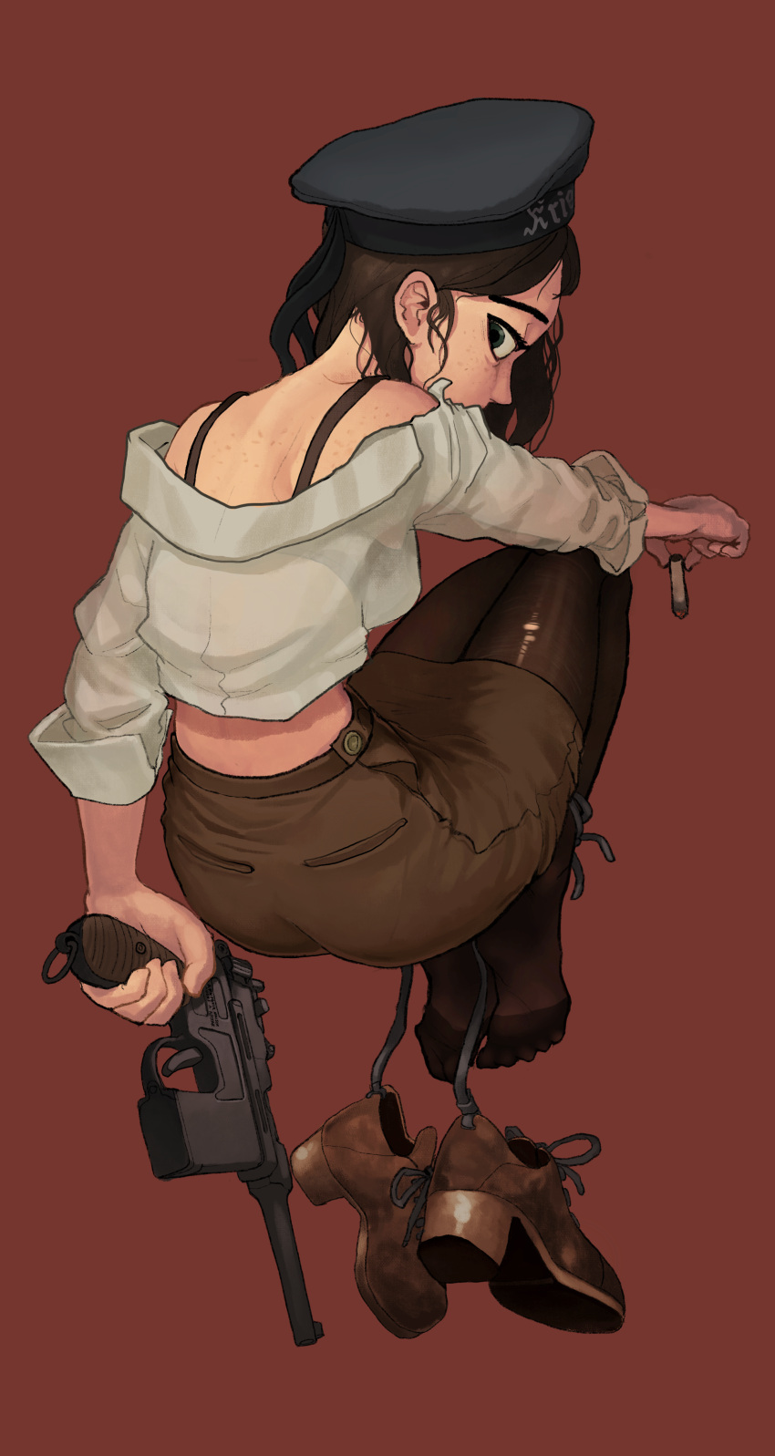 1girl, absurdres, beret, body_freckles, bolt_action, bound_ankles, bra_strap, brown_hair