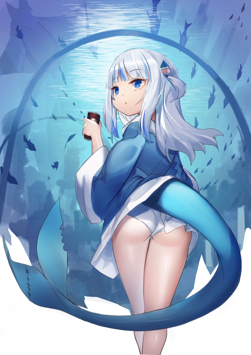 1girl, aquarium, aquarium_tunnel, ass, bangs, bare_legs, blue_eyes, blue_hair, blue_hoodie, blunt_bangs, can, eyelashes, fish_tail, from_behind, fuyouchu, gawr_gura, hair_ornament, highres, holding, holding_can, hololive, hololive_english, hood, hoodie, long_hair, long_sleeves, multicolored_hair, no_pants, panties, parted_lips, shark_girl, shark_hair_ornament, shark_tail, silver_hair, solo, streaked_hair, tail, two_side_up, underwear, virtual_youtuber, white_panties, wide_sleeves