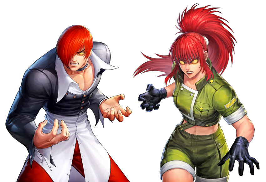 1boy, 1girl, clenched_teeth, collar, crazy_eyes, dark_persona, gloves, hair_over_one_eye
