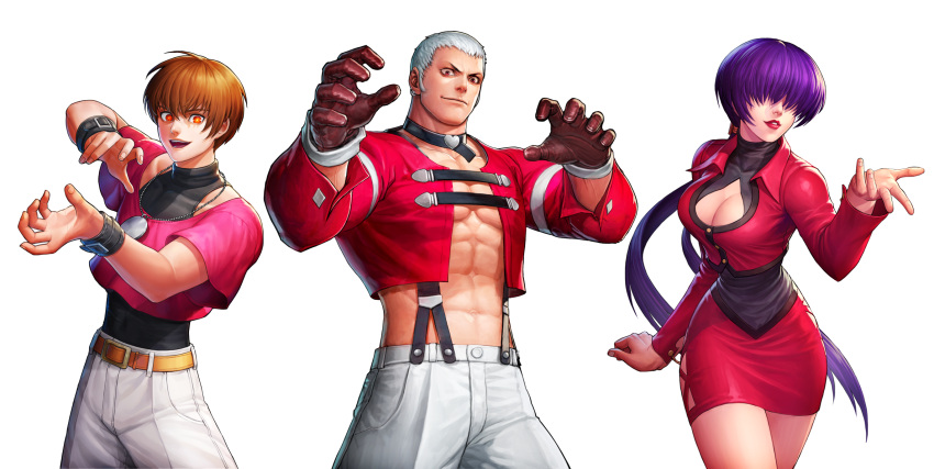 1girl, 2boys, abs, bangs, belt, bracelet, bracer, breasts, brown_hair, chris_(kof), cleavage_cutout, clothing_cutout, cropped_jacket, gloves, hair_over_eyes, highres, jewelry, large_breasts, lipstick, long_hair, long_sleeves, makeup, midriff, multiple_boys, muscular, nanakase_yashiro, navel, orochi_chris, orochi_shermie, orochi_yashiro, purple_hair, shermie_(kof), snk, split_ponytail, stomach, the_king_of_fighters, the_king_of_fighters_all-stars, toned, toned_male, white_hair