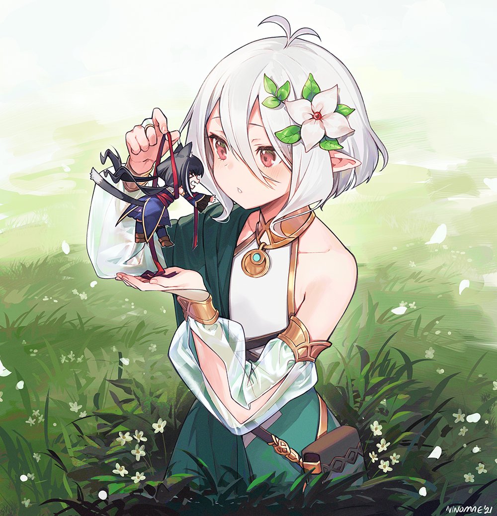 >o<, 1boy, 1girl, :o, ahoge, bare_shoulders, dress, flower