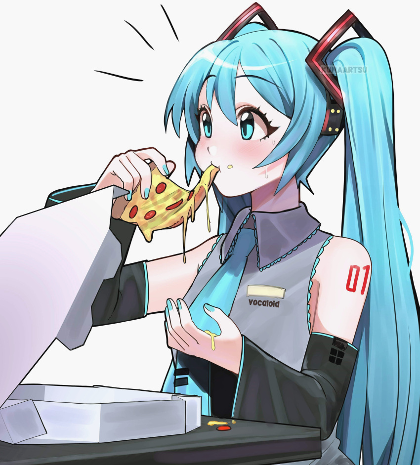 1girl, absurdres, aqua_eyes, aqua_hair, aqua_nails, aqua_neckwear, arm_tattoo, blush