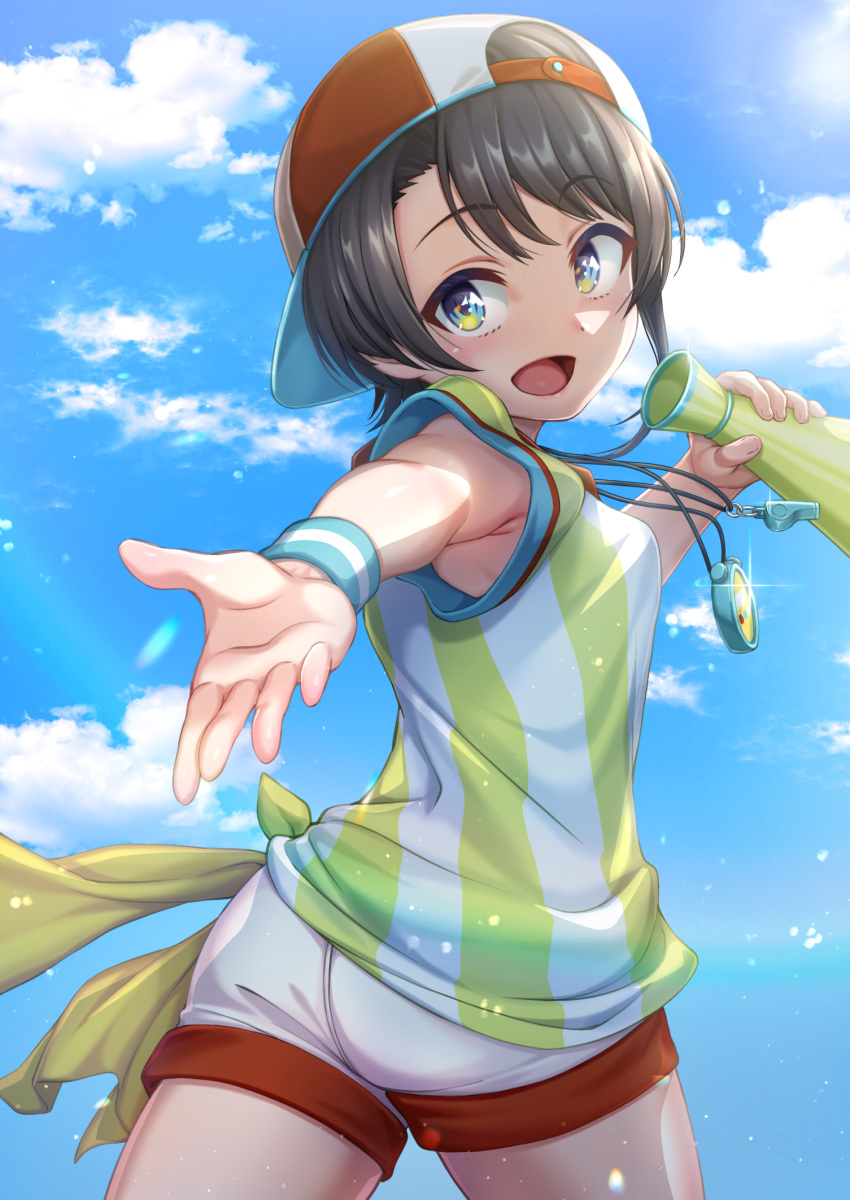 1girl, :d, armpits, bangs, bare_shoulders, baseball_cap, beckoning, blue_eyes