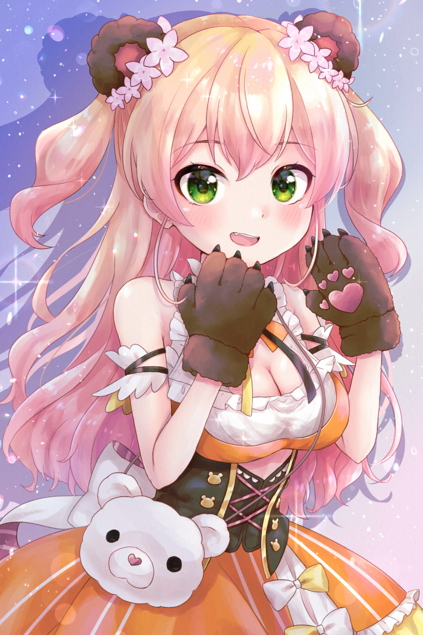 1girl, :d, absurdres, animal_bag, animal_ears, arm_garter, bear_bag, bear_ears
