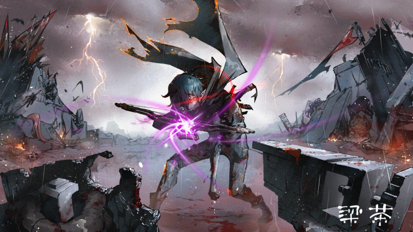 1boy, aiming_at_viewer, arknights, blue_hair, clouds, cloudy_sky, crossbow, dark_sky