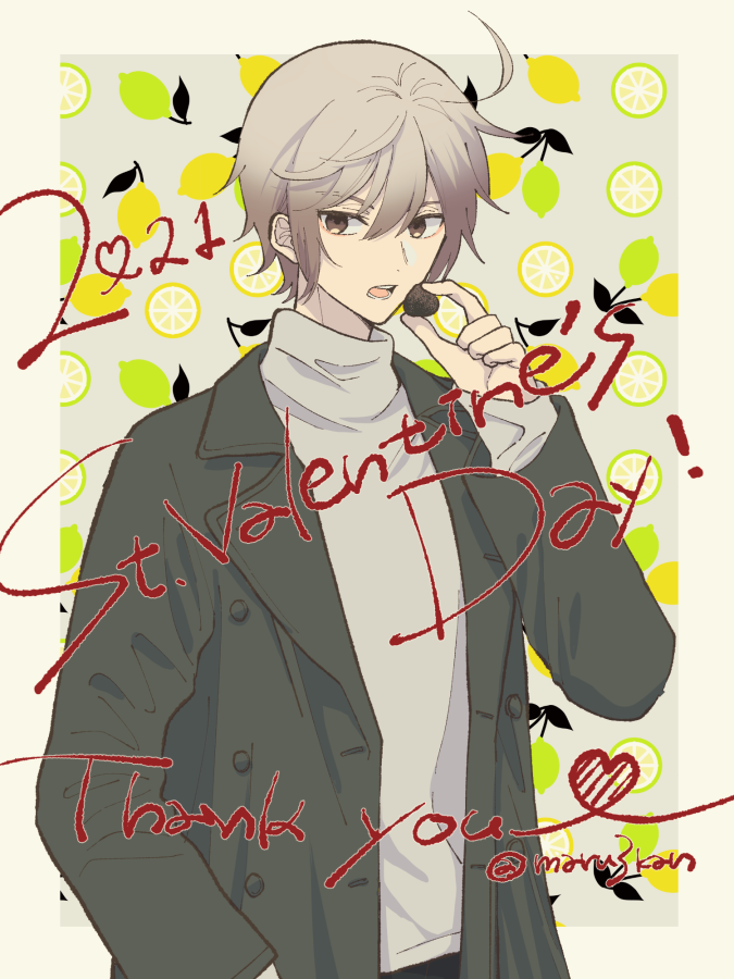 1boy, 2021, ahoge, bangs, black_jacket, brown_eyes, chocolate, commentary_request