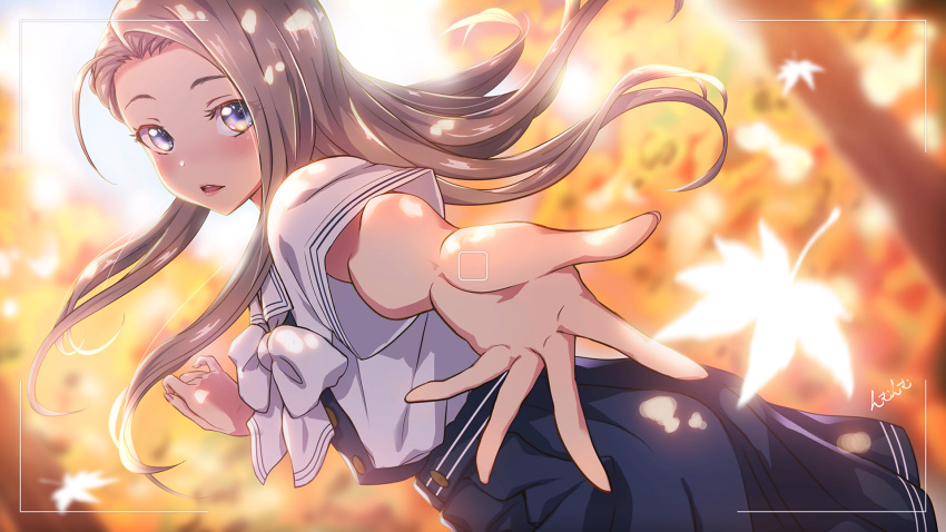 1girl, autumn, autumn_leaves, blue_eyes, blue_sailor_collar, blush, grey_hair, hands