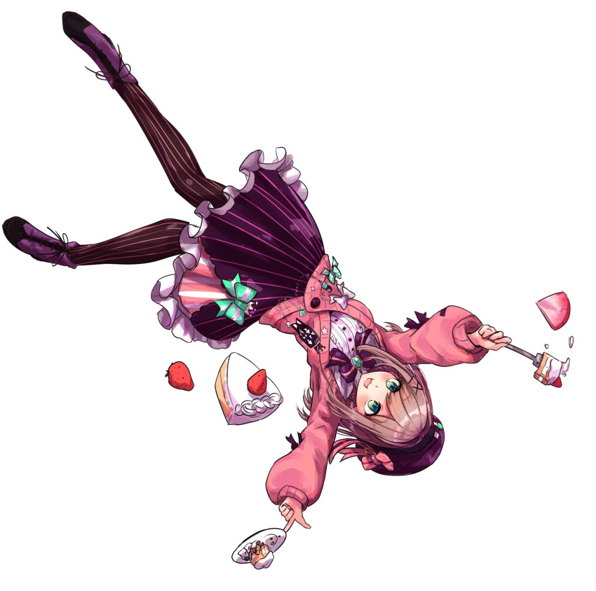 1girl, :3, beret, blue_eyes, brown_hair, cake, eyebrows_visible_through_hair, falling