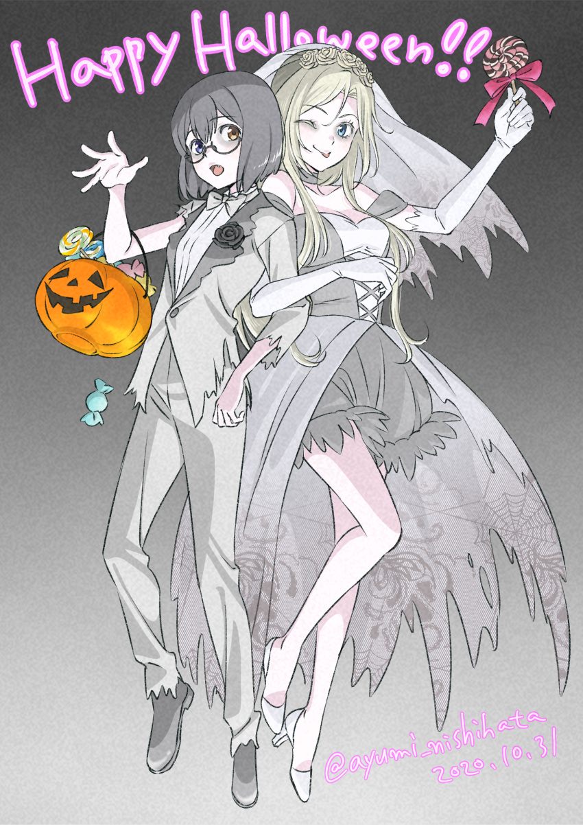 2girls, ayumi_nishihata, candy, costume, elbow_gloves, fang, food, glasses
