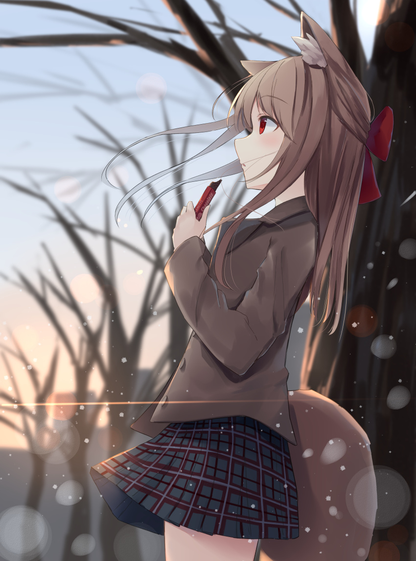 1girl, :o, absurdres, akinakesu-chan, animal_ear_fluff, animal_ears, bangs, bare_tree, blazer, blurry, blurry_background, blush, bow, brown_hair, brown_jacket, candy, chocolate, chocolate_bar, commentary_request, depth_of_field, eyebrows_visible_through_hair, floating_hair, food, from_side, hair_bow, hands_up, highres, holding, holding_food, jacket, long_hair, looking_away, original, outdoors, parted_lips, plaid, plaid_skirt, pleated_skirt, profile, red_bow, red_eyes, skirt, solo, sunset, tail, tree