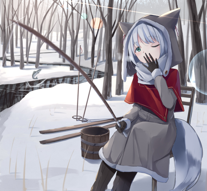 1girl, absurdres, akinakesu-chan, animal, animal_ears, bangs, bare_tree, black_gloves, black_headwear, black_pants, bucket, capelet, coat, commentary_request, day, eyebrows_visible_through_hair, fake_animal_ears, fish, fishing_rod, fur-trimmed_sleeves, fur_trim, gloves, green_eyes, grey_coat, grey_hair, grey_scarf, hand_to_own_mouth, head_tilt, highres, holding, holding_fishing_rod, long_sleeves, on_chair, one_eye_closed, open_mouth, original, outdoors, pants, red_capelet, river, scarf, sitting, ski_pole, skis, solo, tail, tree, yawning