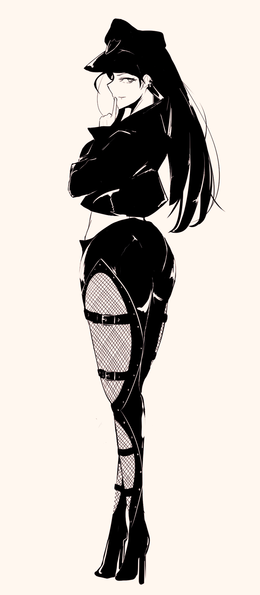 black_clothes, black_footwear, black_hair, ear_piercing, finger_to_mouth, fishnets, hat, high_heels