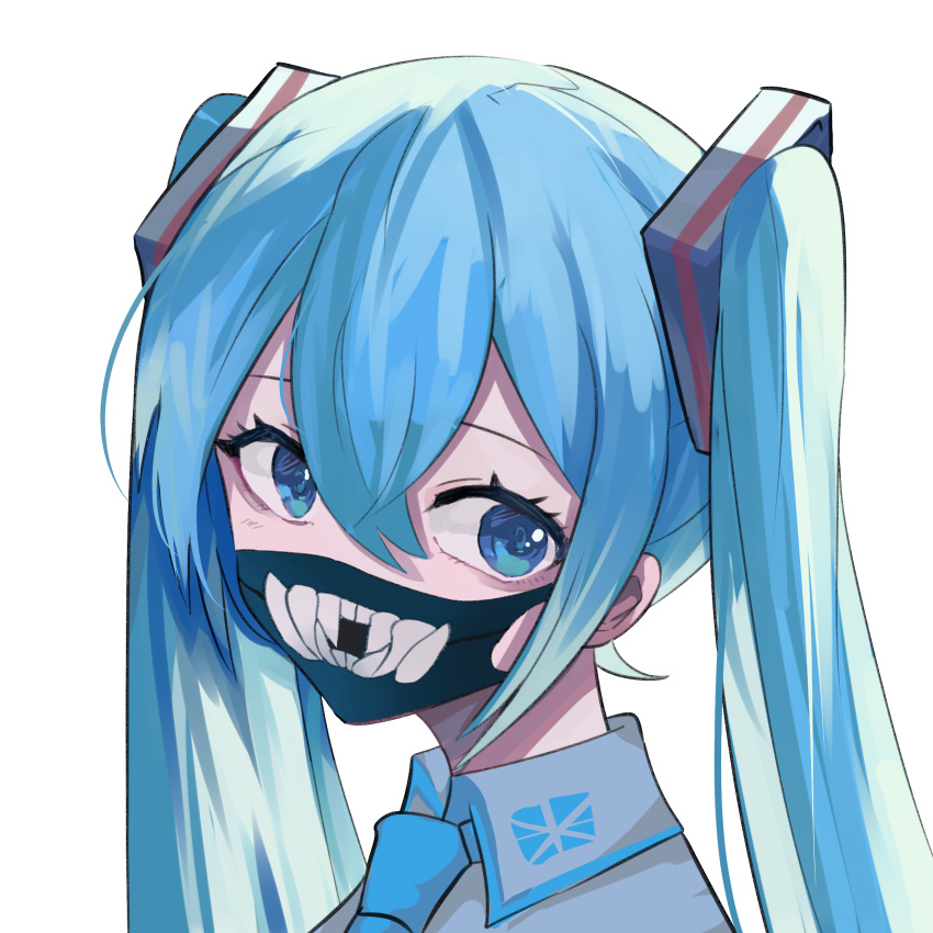 1girl, absurdres, bangs, blue_eyes, blue_hair, blue_neckwear, collared_shirt, commentary