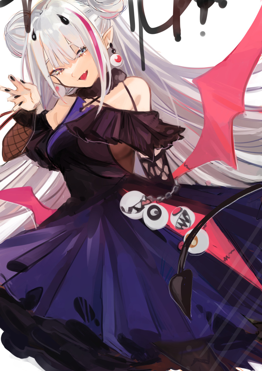 1girl, aaoshigatoutoi, absurdres, bare_shoulders, bat_wings, blue_eyes, demon_tail, dress