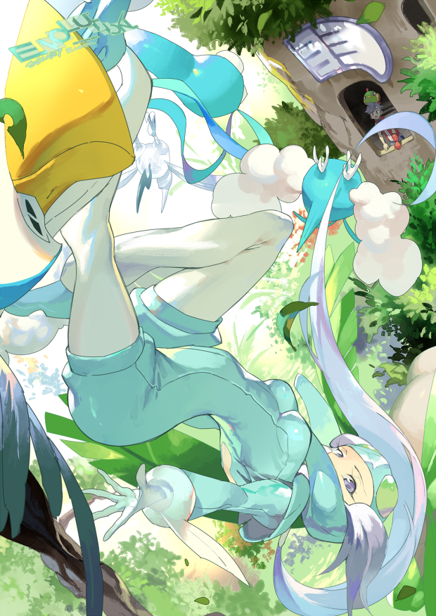 1boy, 1girl, altaria, artist_name, bird_keeper_(pokemon), breasts, day, e_volution, eyelashes, floating_hair, gen_2_pokemon, gen_3_pokemon, gloves, grey_eyes, grey_hair, gym_leader, helmet, leaves_in_wind, long_hair, natu, outdoors, pelipper, pokemon, pokemon_(creature), pokemon_(game), pokemon_oras, skarmory, swablu, tree, tropius, upside-down, winona_(pokemon)
