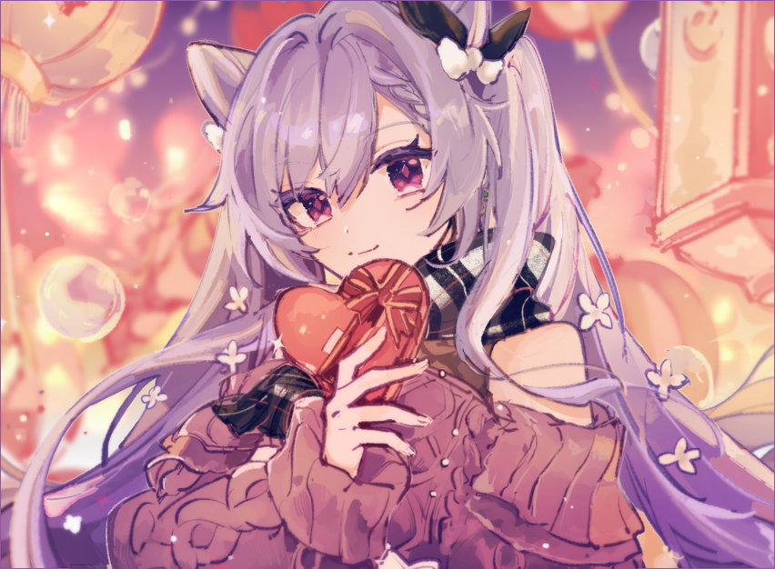1girl, alternate_costume, ayano_(katou), bangs, blurry, blurry_background, box, double_bun
