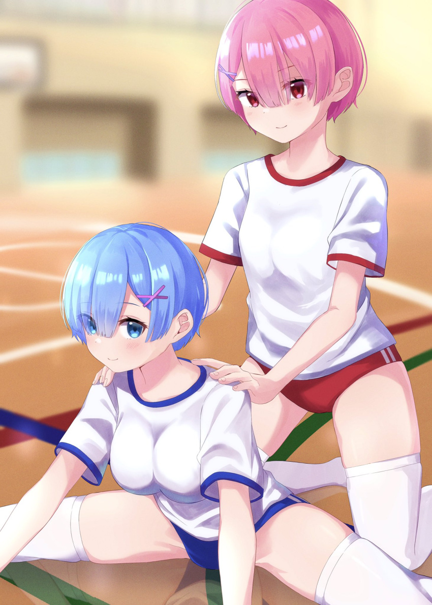 2girls, alternate_costume, bangs, blue_buruma, blue_hair, blurry, blurry_background, breasts