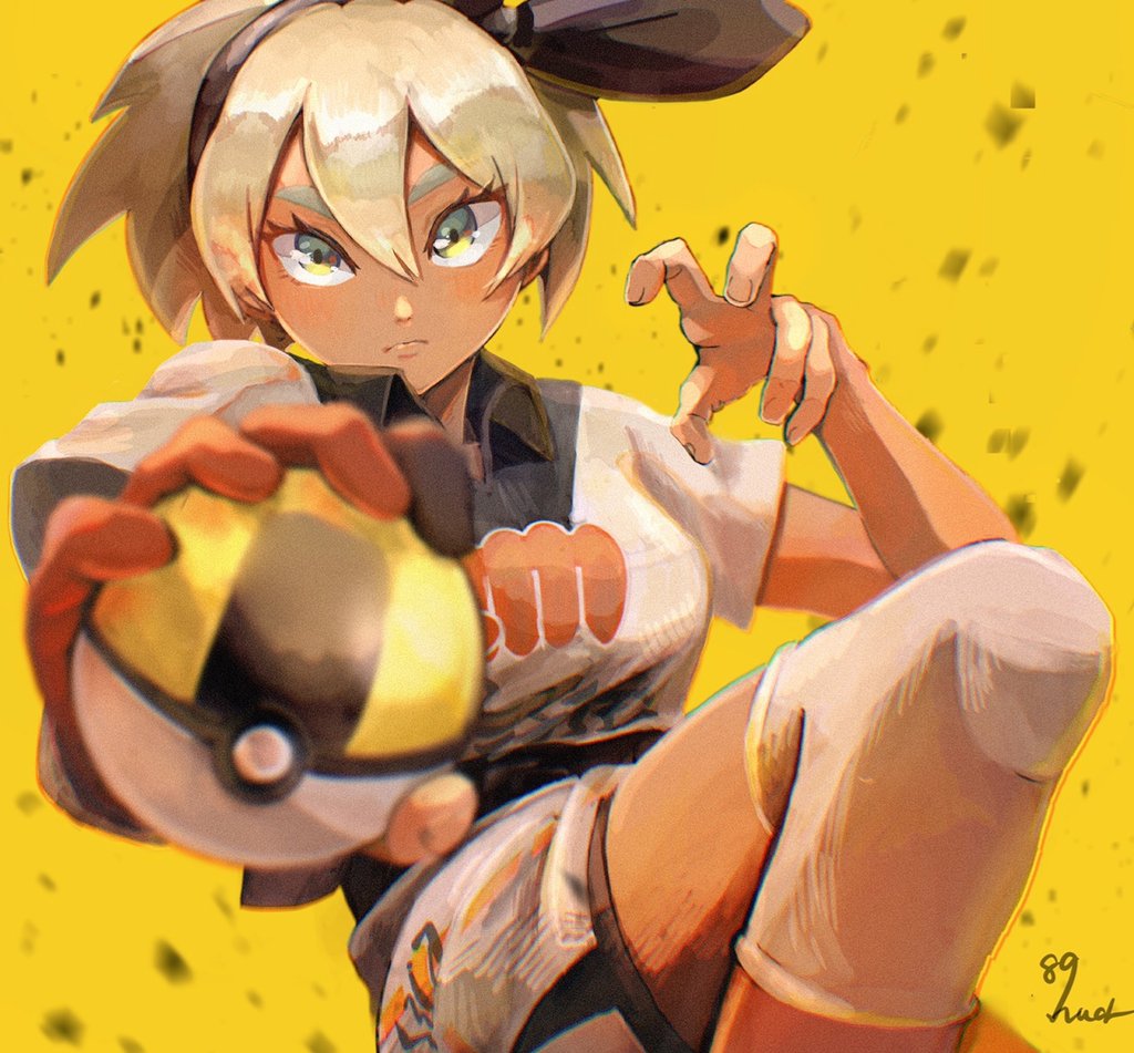 1girl, bangs, bea_(pokemon), black_hairband, blonde_hair, blush, bow_hairband, closed_mouth, collared_shirt, commentary_request, dark_skin, dark-skinned_female, eyelashes, gloves, grey_eyes, gym_leader, hair_between_eyes, hairband, holding, holding_poke_ball, huck_8989, knee_pads, looking_at_viewer, partially_fingerless_gloves, poke_ball, pokemon, pokemon_(game), pokemon_swsh, print_shirt, print_shorts, shiny, shiny_hair, shirt, short_hair, short_sleeves, shorts, side_slit, side_slit_shorts, signature, single_glove, solo, ultra_ball, yellow_background