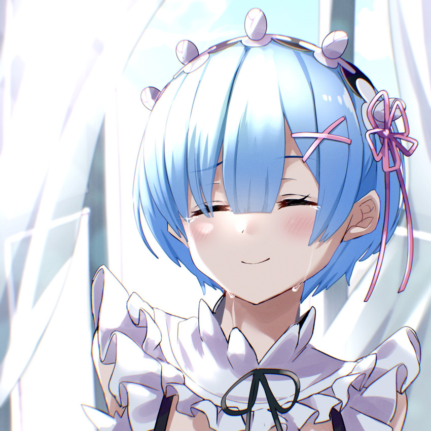 1girl, bangs, blue_eyes, blue_hair, blush, closed_eyes, closed_mouth, commentary_request