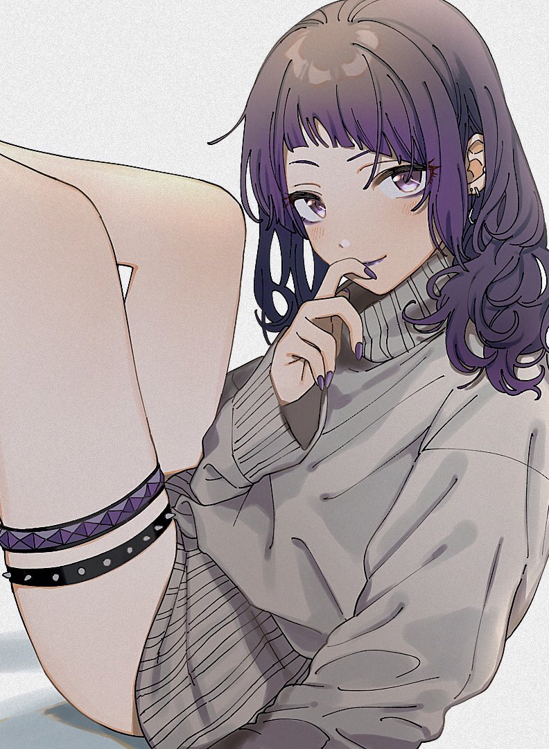 1girl, bangs, blunt_bangs, closed_mouth, diagonal_bangs, earrings, feet_out_of_frame, finger_to_mouth