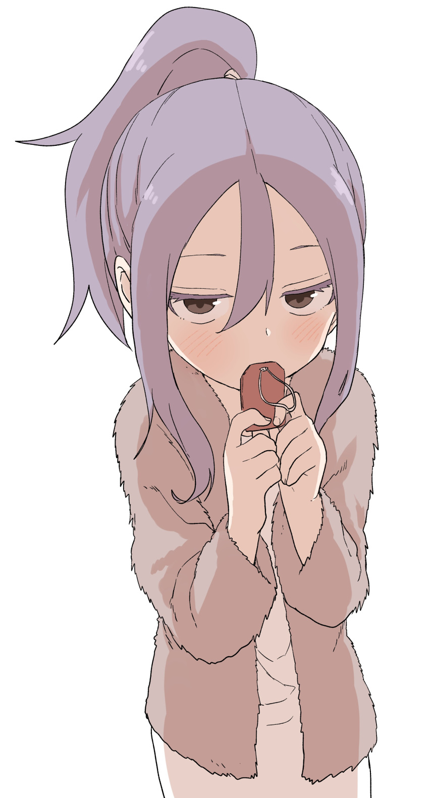 1girl, absurdres, alternate_hairstyle, blush, brown_eyes, commentary_request, dress, hair_between_eyes