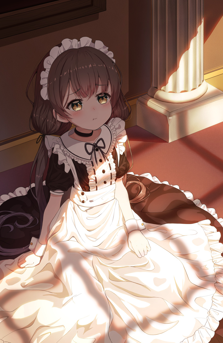1girl, :&amp;lt;, black_hair, cute, hand_on_hip, indoors, long_hair, looking_at_another