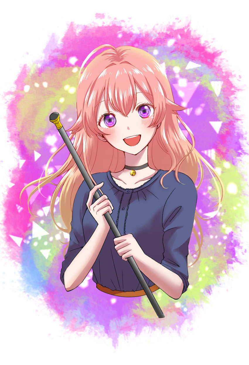 1girl, :d, blush, brown_hair, choker, highres, long_hair, looking_at_viewer, niko_(witch_watch), open_mouth, simple_background, smile, solo, ulgar_forever_(riko), upper_body, violet_eyes, wand, witch_watch