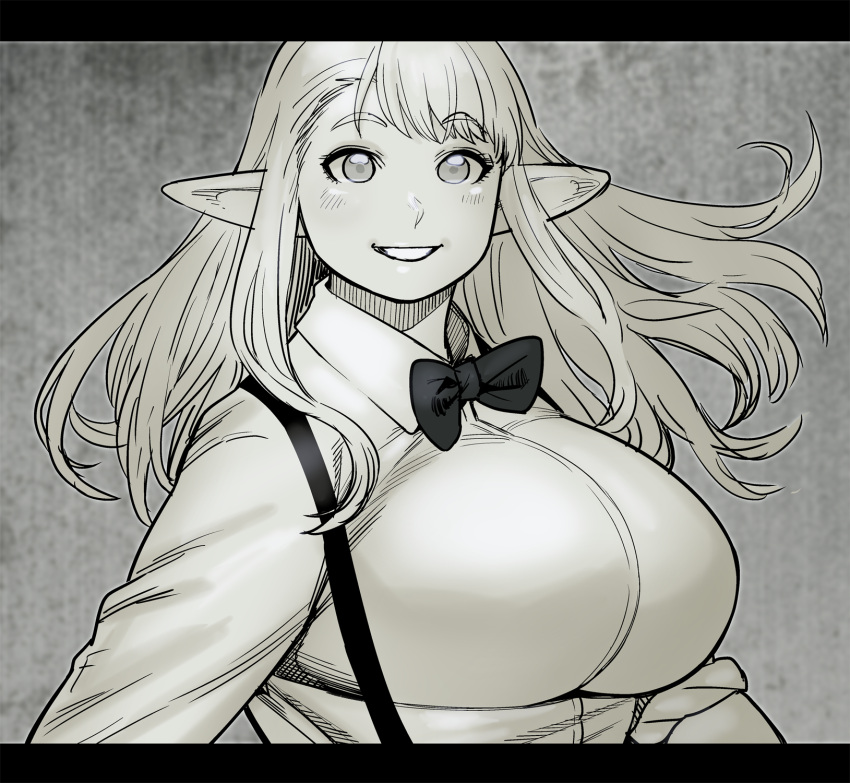 1girl, album_cover, album_cover_redraw, bow, bowtie, breasts, cosplay, cover, derivative_work, elf, elf-san_wa_yaserarenai., erufuda-san, floating_hair, greyscale, highres, large_breasts, long_hair, long_pointy_ears, looking_at_viewer, monochrome, parody, pointy_ears, solo, suspenders, sweetest_music, synecdoche
