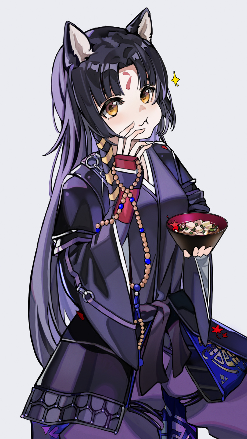 1girl, :t, animal_ears, arknights, arm_guards, bangs, black_hair, black_kimono