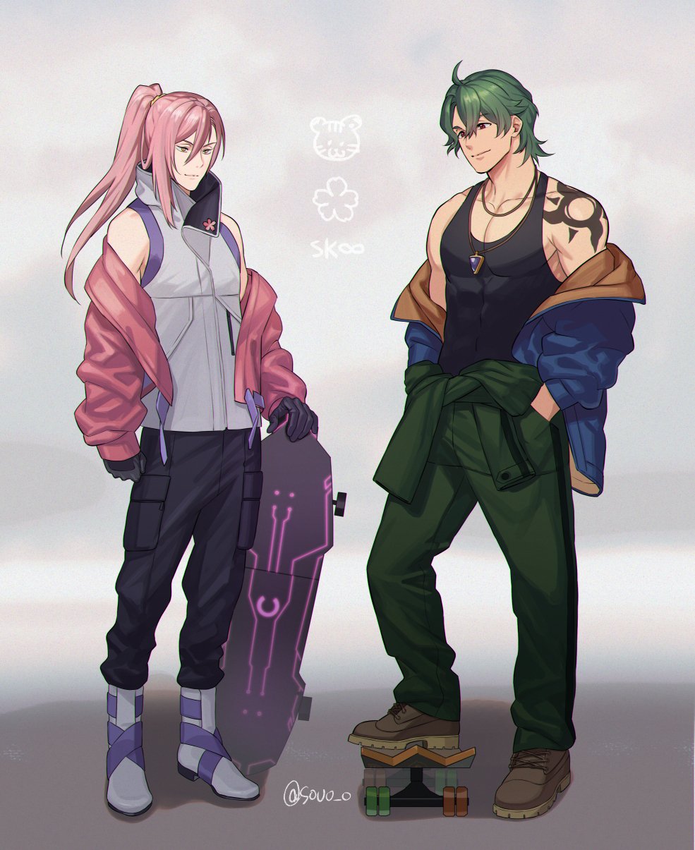 2boys, artist_name, black_pants, black_shirt, blue_jacket, boots, brown_footwear, cherry_blossom_(sk8)